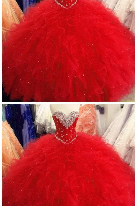 Princess Ball Gown Red Sweet 16 Dresses Beaded Lace Up Gowns Ruffles Quinceanera Dress