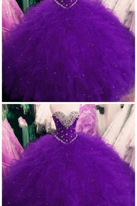Princess Ball Gown Purple Sweet 16 Dresses Beaded Lace Up Gowns Ruffles Quinceanera Dress