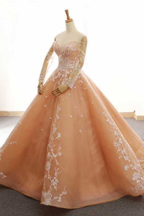 Charming Appliques Long Sleeve Ball Gown Prom Dresses, Formal Women Dress