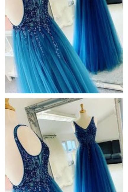 V Neck Tulle Beads Long Prom Dress, Blue Evening Dress