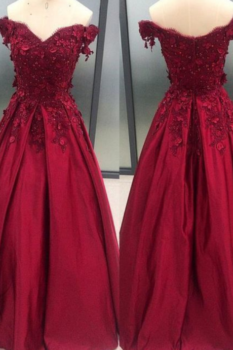 Charming Wine Red Appliques Prom Dress, Formal Off Shoulder Evening Gown
