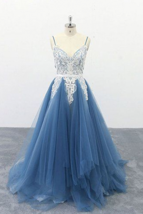Blue V Neck Tulle Lace Long Prom Dress, Blue Lace Evening Dres
