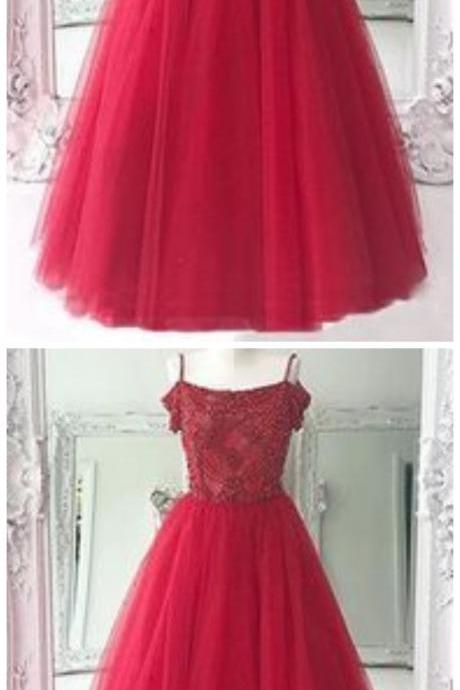 Red spaghetti straps long tulle prom dress, off shoulder evening dress