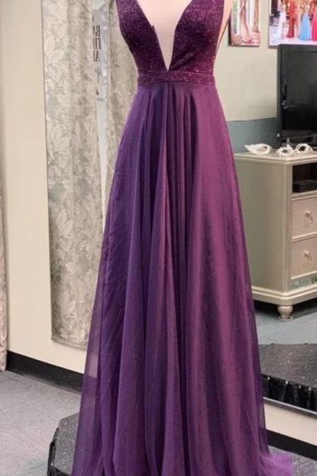 A Line V-neckline Grape Prom Dress