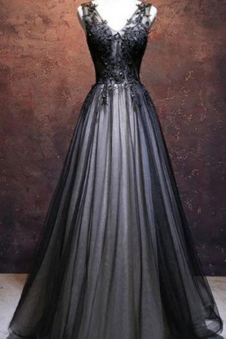 Chic A-line V-neck Floor Length Tulle Black Applique Long Prom Dress Evening Dress
