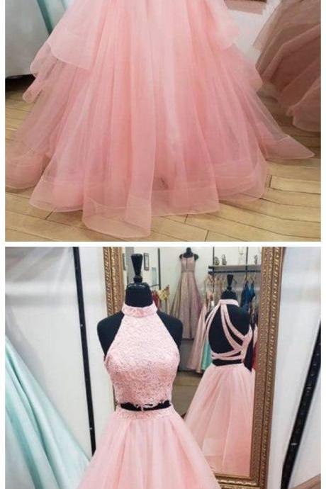 Pink Tulle Two Pieces Strapless O Neck Two Pieces Long Prom Dress, Homecoming Dress