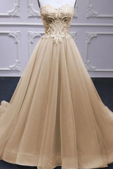 Sweetheart Champagne Tulle A Line Beaded Long Lace Pageant Dress