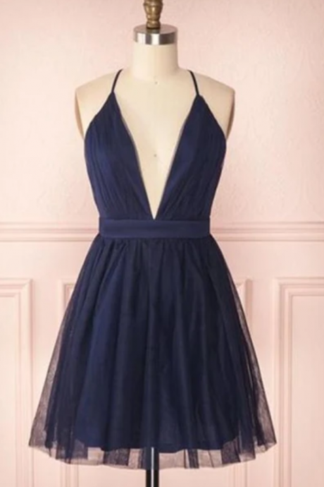 A Line V Neck Navy Blue Short Dresses, Navy Blue Homecoming Dresses