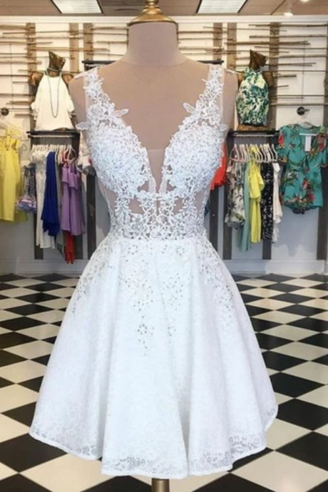 A Line V Neck Open Back Lace White Short Homecoming Dresses With Beading