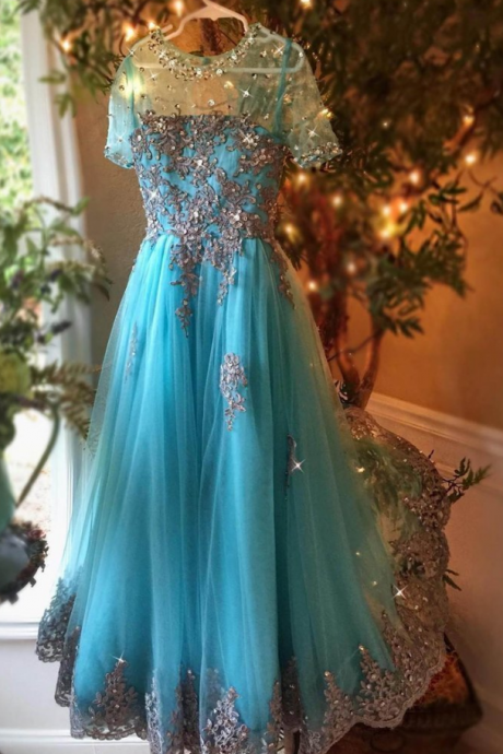 Organza See-through Applique Beading Long Prom Dresses, Evening Dresses