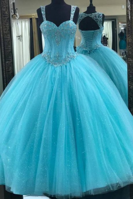 Bling Tulle Beaded Sweetheart Bodice Corset Quinceanera Dresses With Straps
