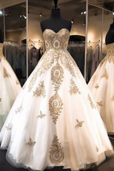 Luxury Gold Applique A Line Prom Dress Pageant Formal Dresses Quinceanera Dress