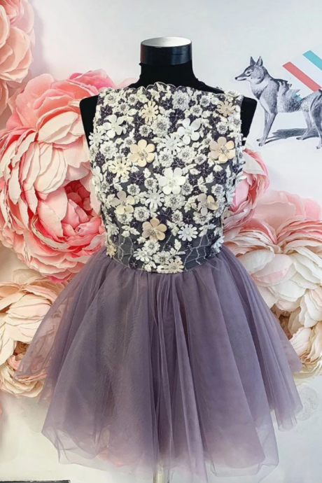 Cute Brown Tulle Homecoming Dress With Flowers