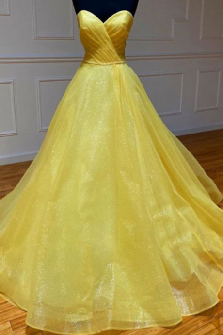 Sweetheart Long A-line Yellow Shemering Organza Prom Dresses, Simple Long Prom Dresses, Affordable Prom Dresses