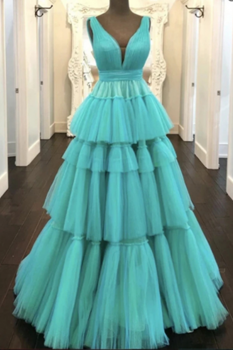 V-neck Green Tulle Long A-line Prom Dresses, Lovely Prom Dresses, Long Prom Dresses, 2020 Prom Dresses