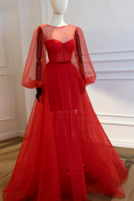 Red Illusion Long Lantern Sleeve Evening Dress 2020 Custom Made Puffy Tulle See Through Special Occasion Dresses