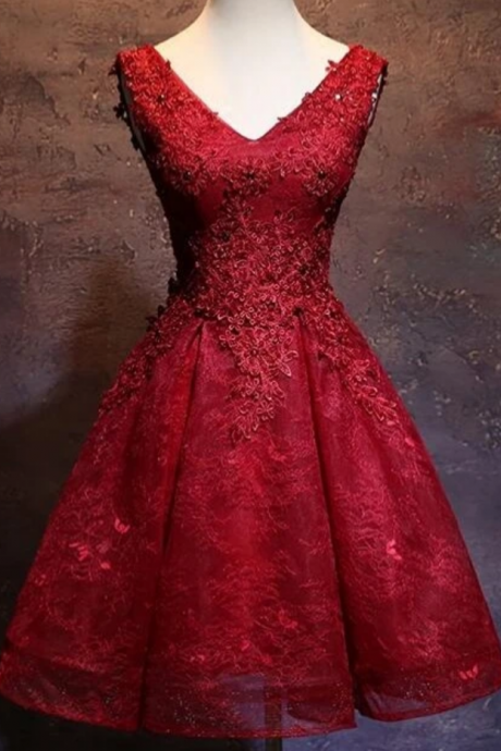Wine Red Short Lace Cute Homecoming Dress, V-neckline Lace-up Teen Party Dress