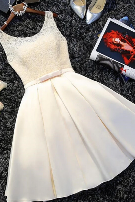 Satin Lace Round Neckline Knee Length Party Dress, Short Prom Dress
