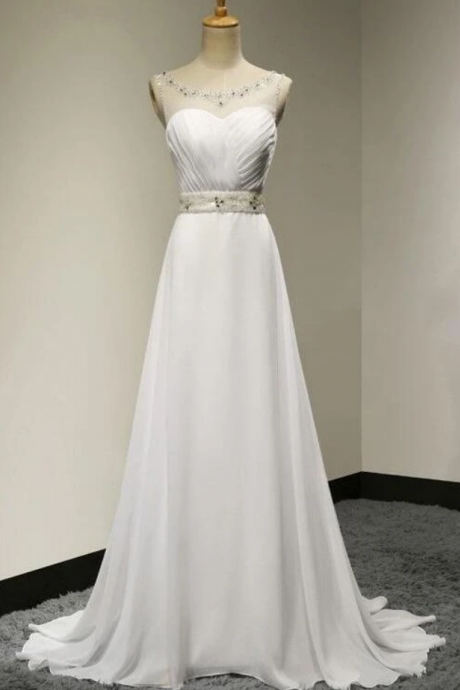 Chiffon Simple Beaded Round Neckline Long Prom Dress, White Formal Dress