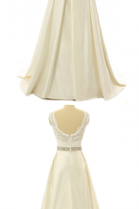 Ivory White Floor-length A-line Satin Wedding Dress With Lace Bodice And Open Back