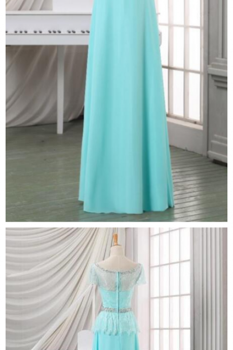 Formal Dresses Cap Sleeve Bridesmaid Dress Lace Beaded Sky Blue Evening Dress Women Chiffon Evening Gowns