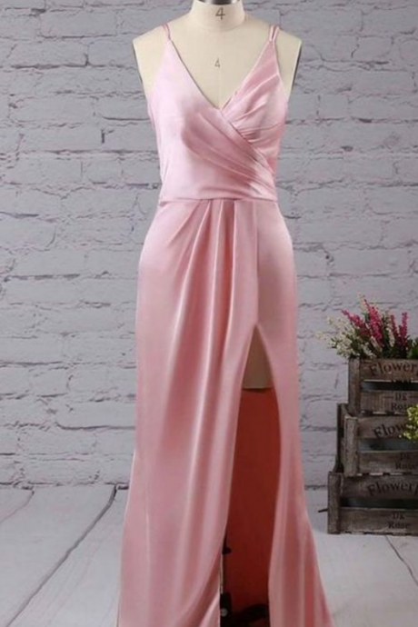 Pink V Neck Sleeveless Side Slit Prom Dress