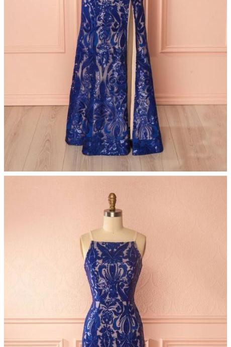 Mermaid Square Neck Royal Blue Lace Prom Dress