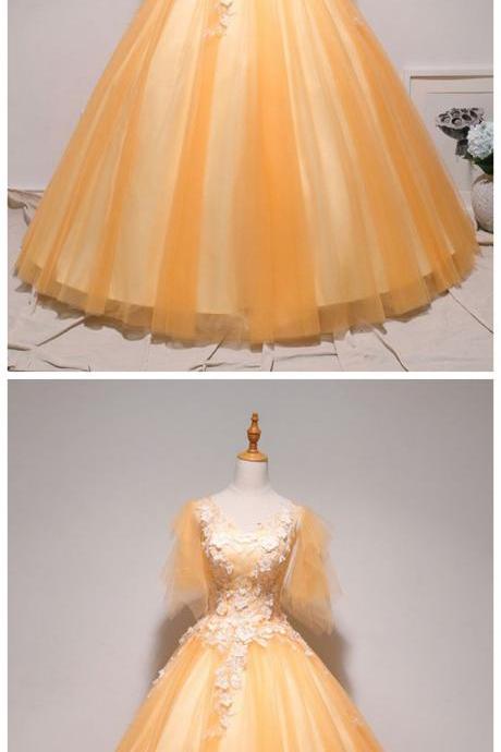 Yellow Tulle Lace Applique V Neck Long Formal Prom Dress With Sleeve