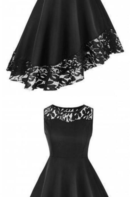 Lace Hem Round Neck Black A Line Dress