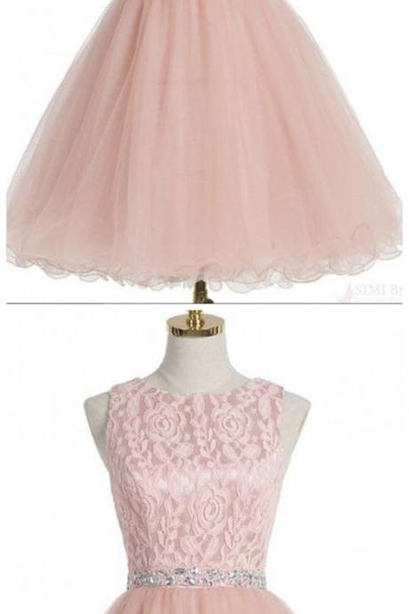 Cute Pink Organza Round Neck Lace A-line Short Dresses