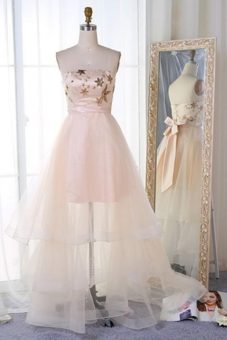 A-line Strapless Pearl Pink Tulle Prom Dress