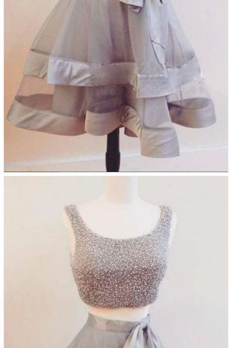 Gray Tulle Two Piece Short Beading Homecoming Dress, Party Dress