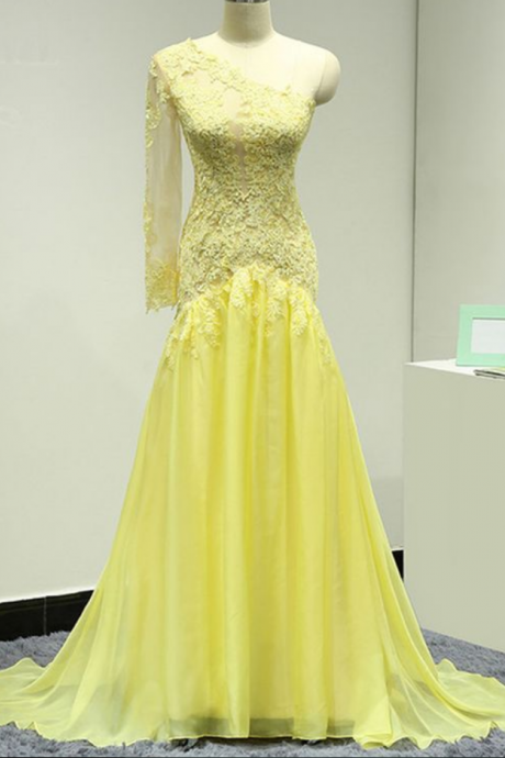 Yellow Chiffon One Sleeve See Through Long Evening Dress, Lace Prom Dress