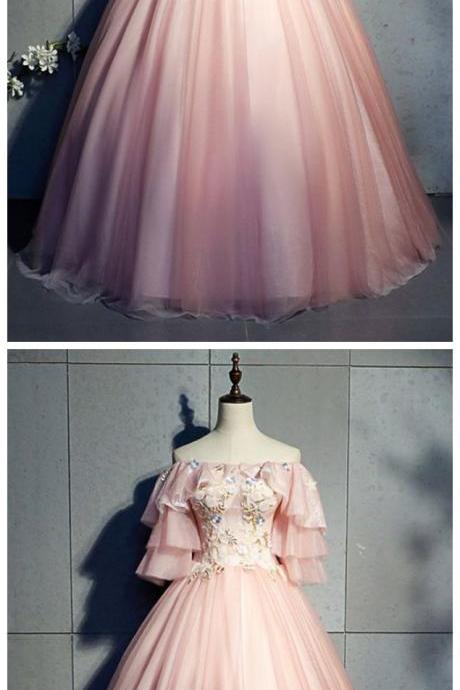 Pink Tulle Strapless Embroidery Long Pageant Prom Dress, Short Sleeve Quinceanera Dress