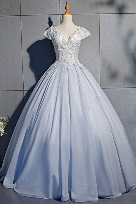 Light Blue Satin Cap Sleeve V Neck Long Lace Ball Gown, Sweet 16 Prom Dress