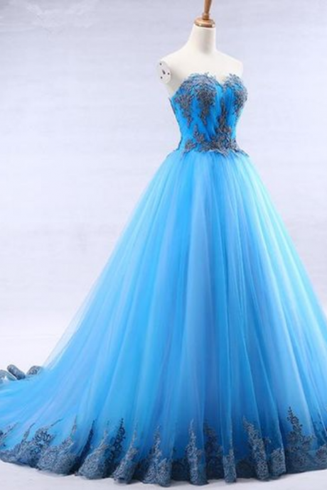 Bright Blue Tulle Sweetheart Neck Long Strapless A Line Senior Prom Dress With Appliqué