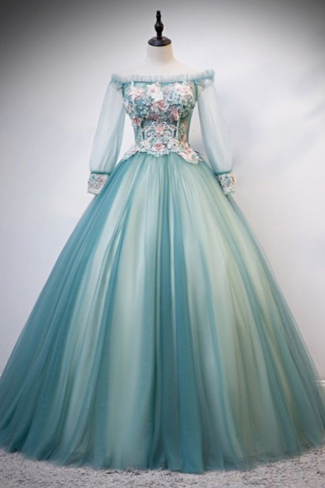 Unique Green Tulle Long Sleeve Strapless Formal Prom Dress, Evening Dress
