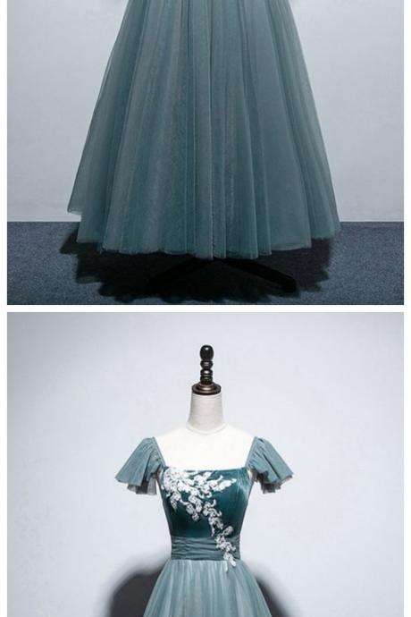 Green Tulle Velvet Cap Sleeve Ankle Length Prom Dress, Party Dress With Applique