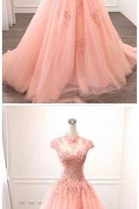 Pink Tulle O Neck Long Cap Sleeve Evening Dress, Prom Dress With Appliques