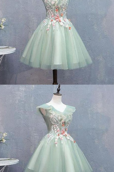 A Line V Neck Cap Sleeves Tulle Sage Short Homecoming Dress With Appliques