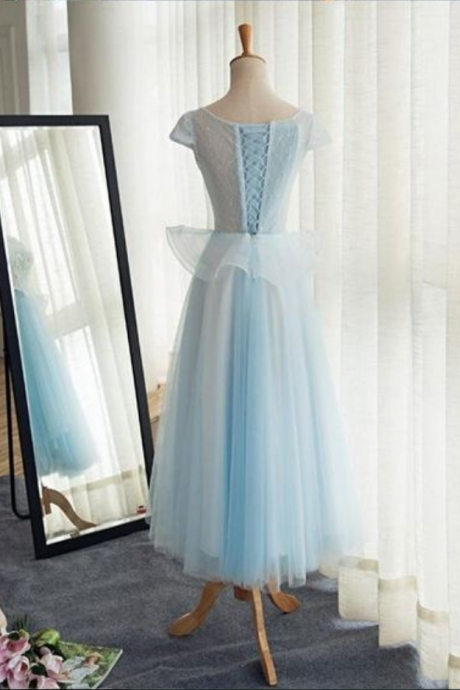 A-line Scoop Neckline Cap Sleeves Tulle Tea Length Prom Dresses