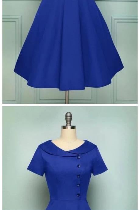 Blue Collared A Line Vintage Button Dress With Sleeves, Short Homecoming Dress