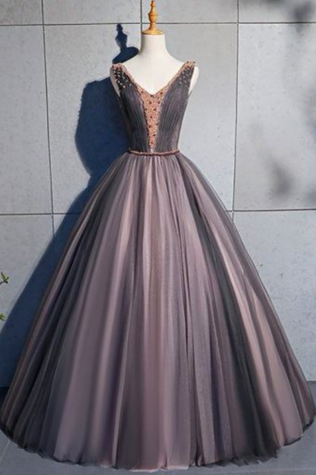 Coffee Tulle Crystal Beaded Long Lace Up Prom Dress, Coffee Evening Dress