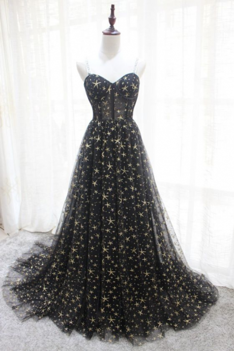 Sweetheart Neck Black Star Tulle Long A Line Evening Dress, Long Prom Dress