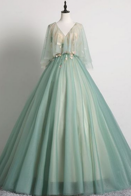 Elegant Sage Green Prom Dresses Ball Gown V-neck Lace Flower 1/2 Sleeves Backless Floor-length / Long Formal Dresses