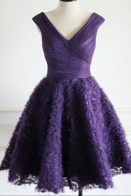 Purple V-neck Tulle Homecoming Dresses, Special Design
