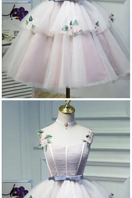 Cute Pink Spaghetti Straps Ball Gown Tulle Homecoming Dresses, Short Dance Dresses