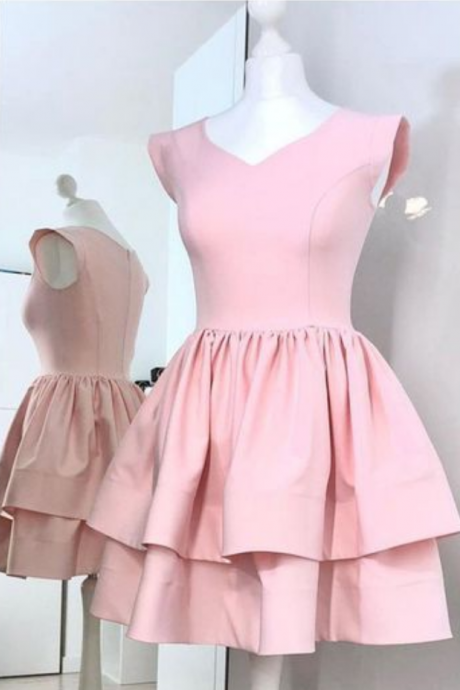 A-line V-neck Cap Sleeves Pink Homecoming Dress, Two Layers Satin Dress