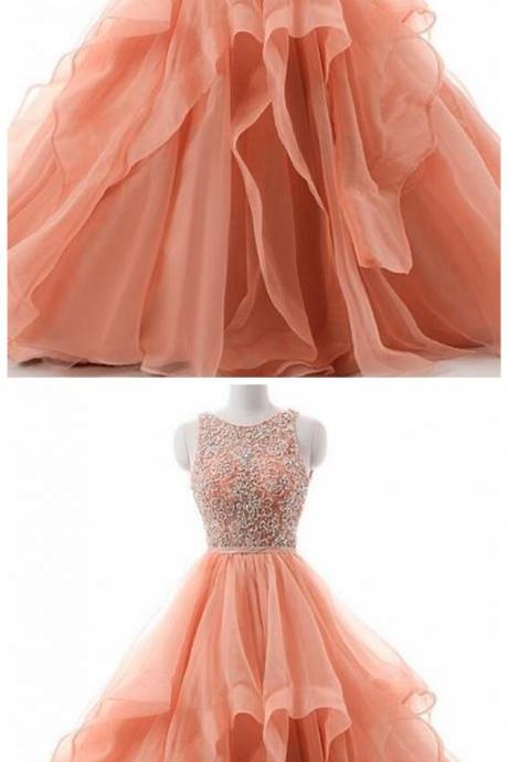 Beautiful Organza Puffy Open Back Prom Dresses, Organza Formal Gowns