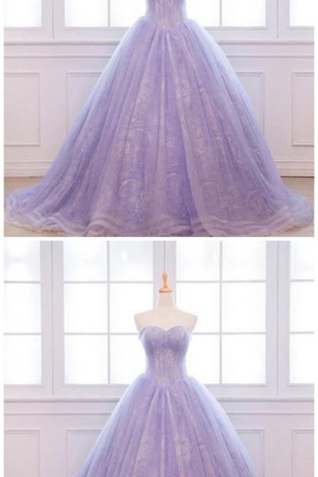 Unique Lavender Lace Long Puffy Evening Dress, Long Customize Prom Dress